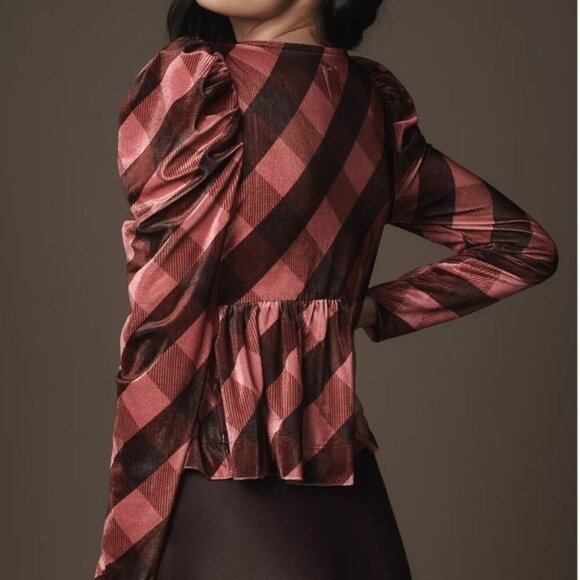 ANTHROPOLOGIE Maeve Velvet Babydoll V-Neck Top Pink Multi Gingham Size XL NEW - Picture 6 of 7